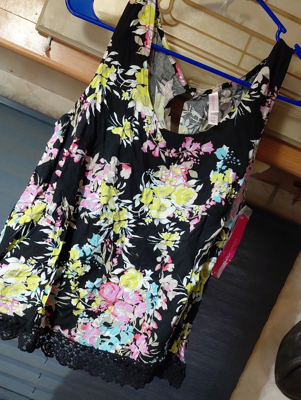 Xhilaration Black Floral Lace-Hem Camisole with Yellow, Pink & Blue Flowers